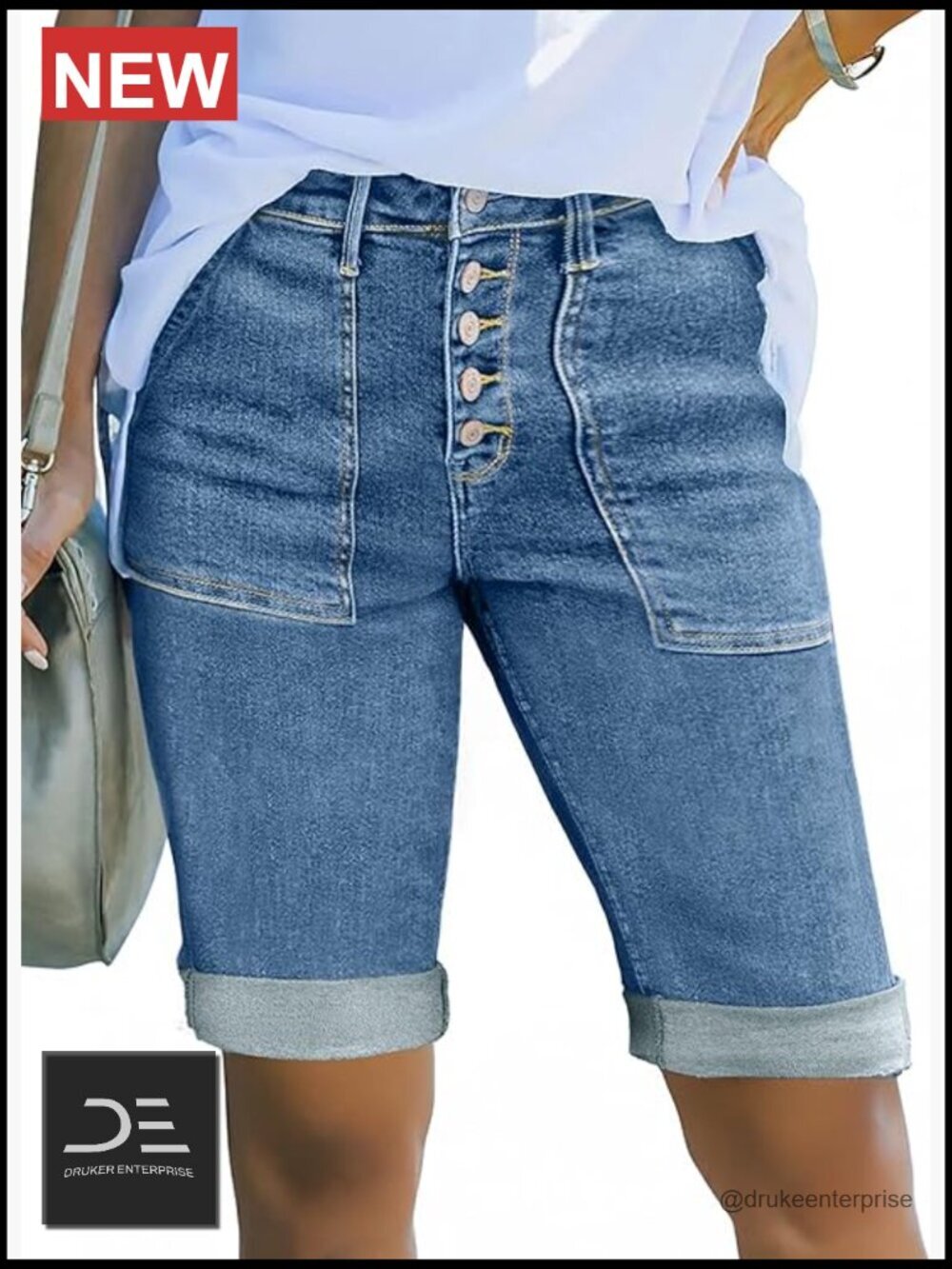 High Waisted Stretchy Button Fly Folded Hem Jean Shorts
